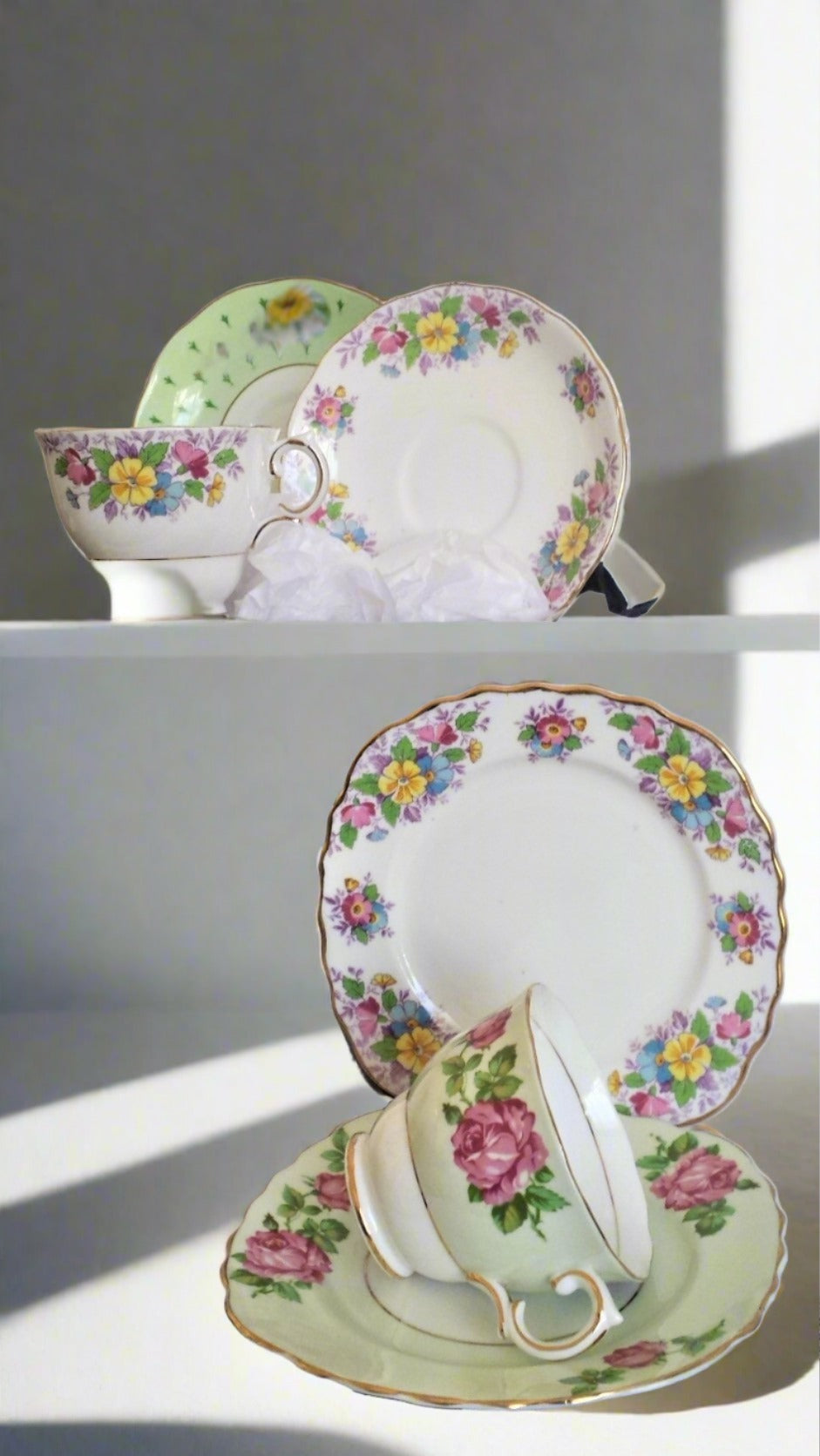 Coleclough Cups, Saucer & (Roslyn Saucer), Side Plates with assorted teaspoons & cake forks