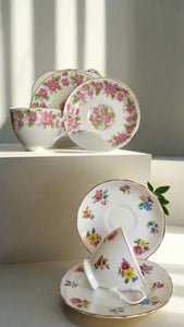 Royal Vale & Grafton Cup, Saucer & Side Plate with assorted teaspoons & cake forks