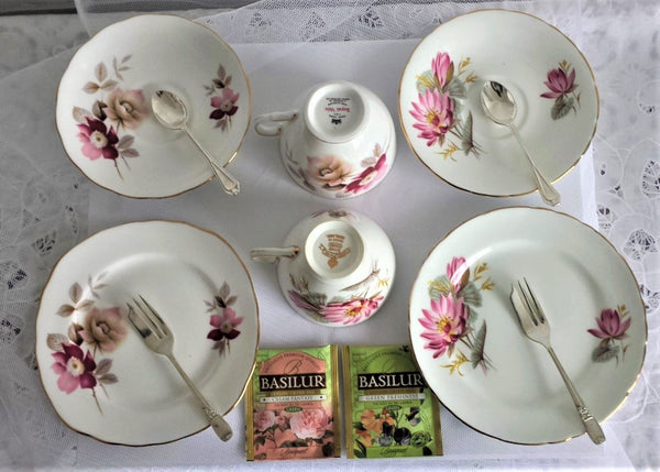 Royal Vale & Delphine Cup, Saucer & Side Plate with assorted teaspoons & cake forks