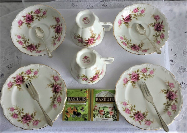 Royal Albert Cups, Saucers & Side Plates with assorted tea spoons & cake forks
