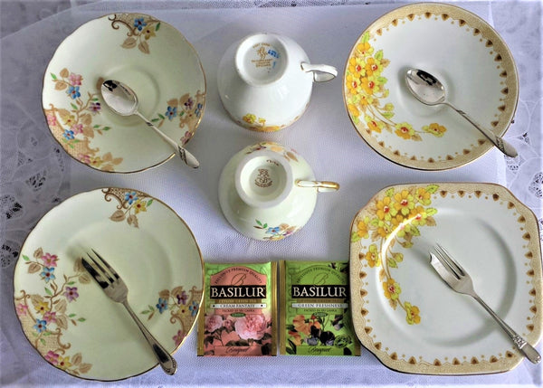 EB Foley & Taylor & Kent Cup, Saucer & Side Plate with assorted teaspoons & cake forks