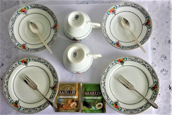 JC Crescent 'Mina' English Cups, Saucers & Side Plates with assorted teaspoons & cake forks