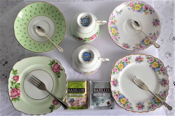 Coleclough Cups, Saucer & (Roslyn Saucer), Side Plates with assorted teaspoons & cake forks