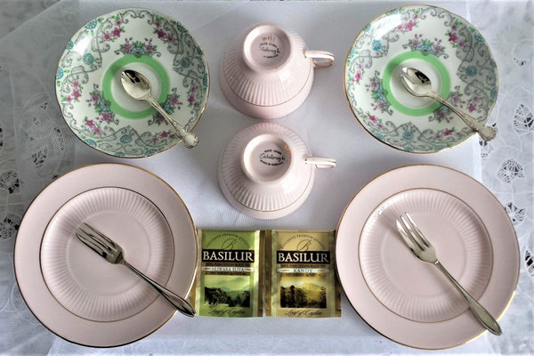 Coleclough Cups & Side Plates with Grafton Saucers & assorted teaspoons & cake forks