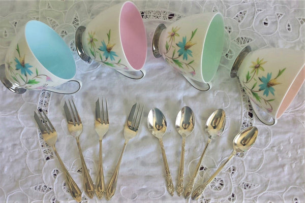 Queen Anne Cups, Saucers and Side Plates, with assorted teaspoons & cake forks