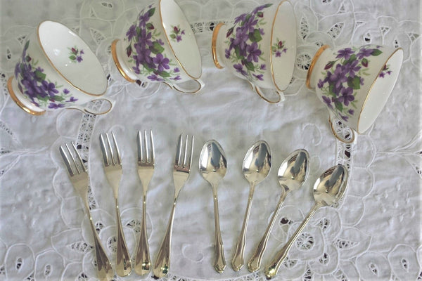 Colclough Cups, Saucers and Side Plates with assorted teaspoons & cake forks